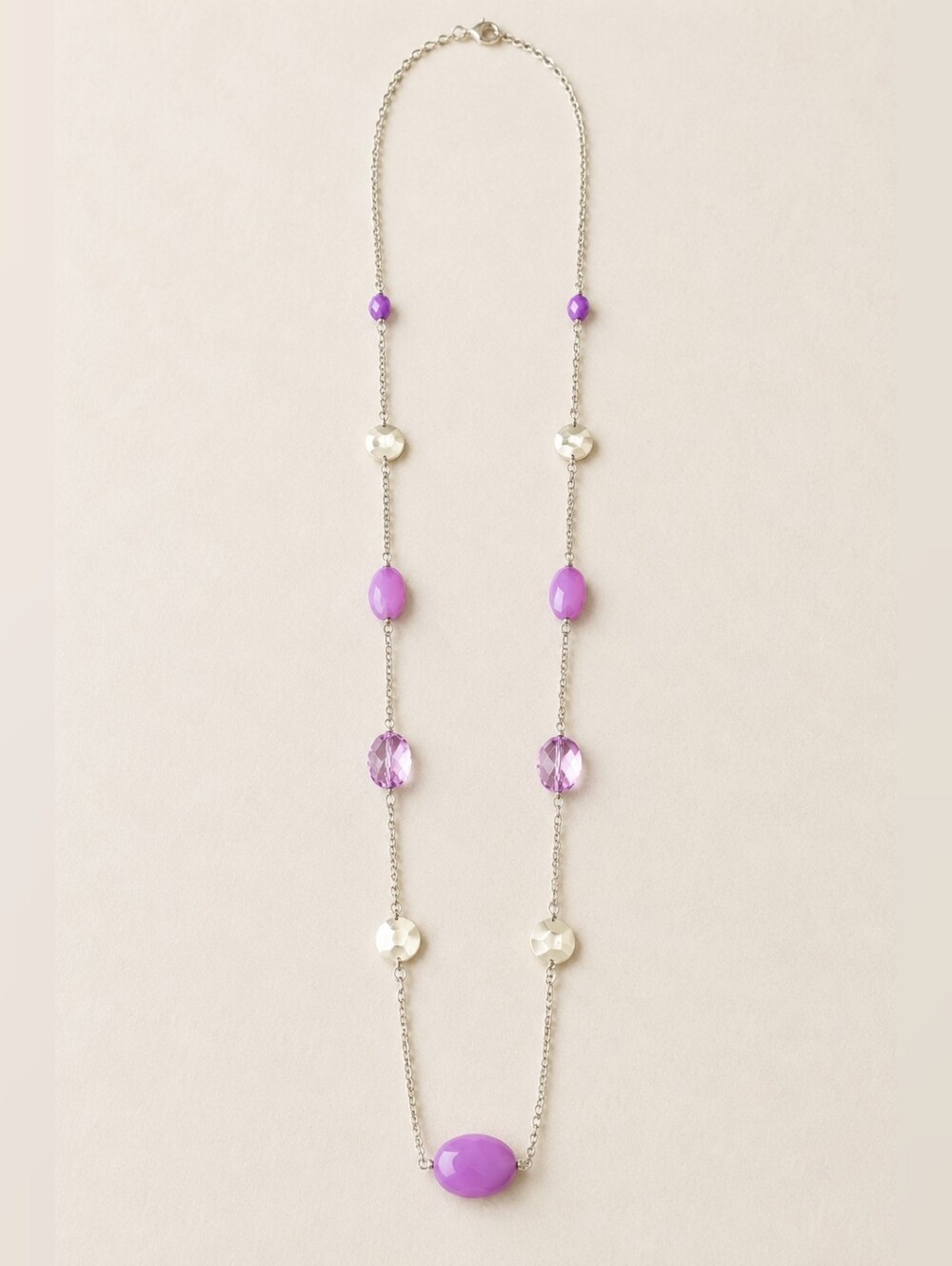 Long Purple Pink Beaded Silver Tone Statement Necklace
